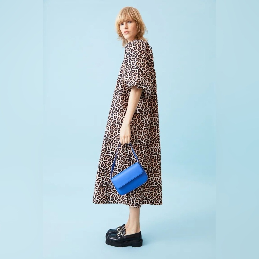 H&M Cotton Puff Sleeve Leopard Print Midi Dress Size XS Side Slides